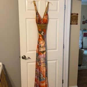Prom dress- orange and floral pattern, open back